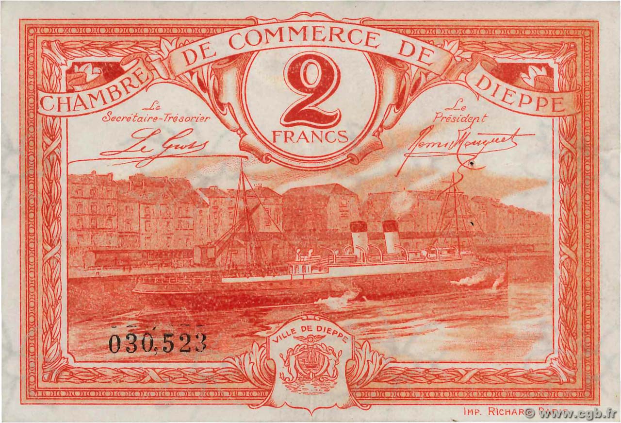 2 Francs FRANCE regionalism and various Dieppe 1920 JP.052.19 VF+