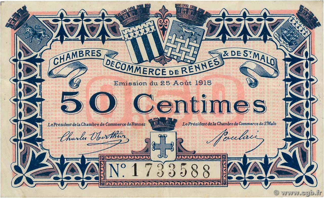 50 Centimes FRANCE regionalismo y varios Rennes et Saint-Malo 1915 JP.105.06 MBC