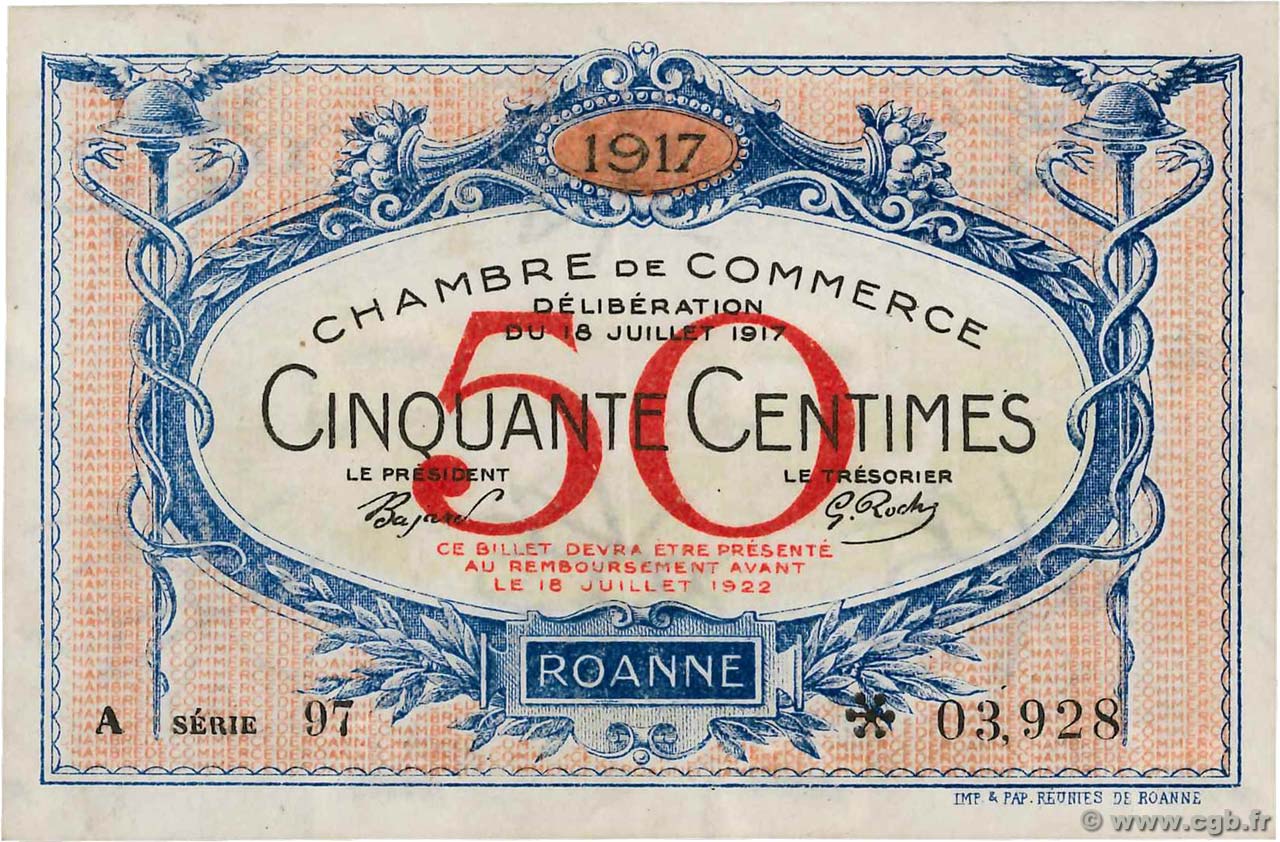 50 Centimes FRANCE regionalism and miscellaneous Roanne 1917 JP.106.15 VF