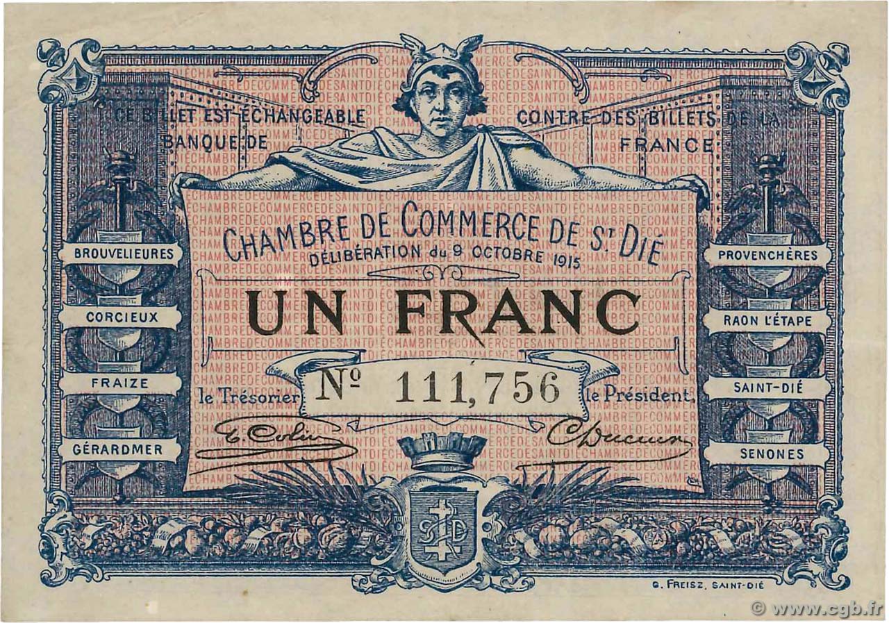1 Franc FRANCE regionalism and various Saint-Die 1915 JP.112.03 VF+