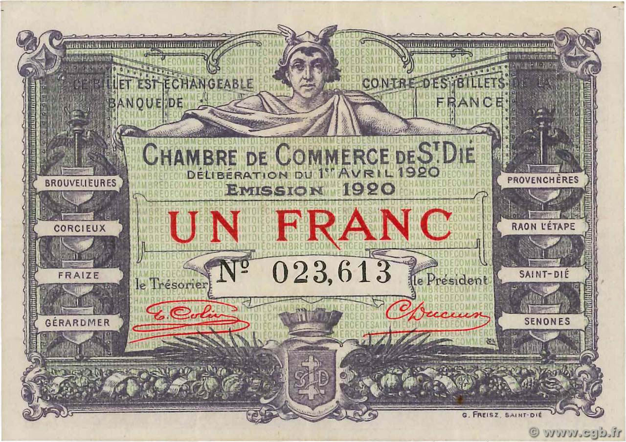 1 Franc FRANCE regionalism and miscellaneous Saint-Die 1920 JP.112.19 VF+