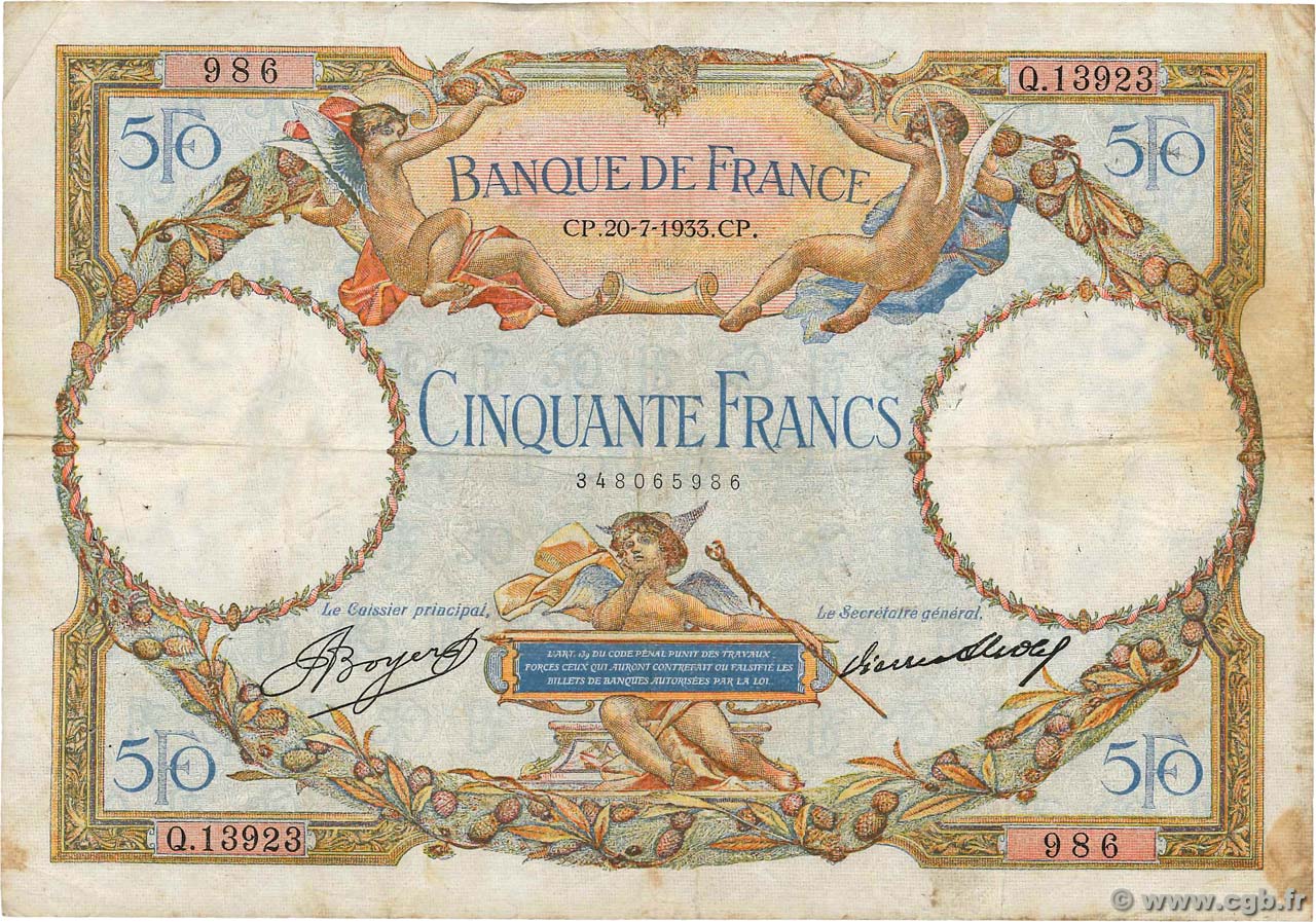 50 Francs LUC OLIVIER MERSON type modifié FRANCE  1933 F.16.04 TB