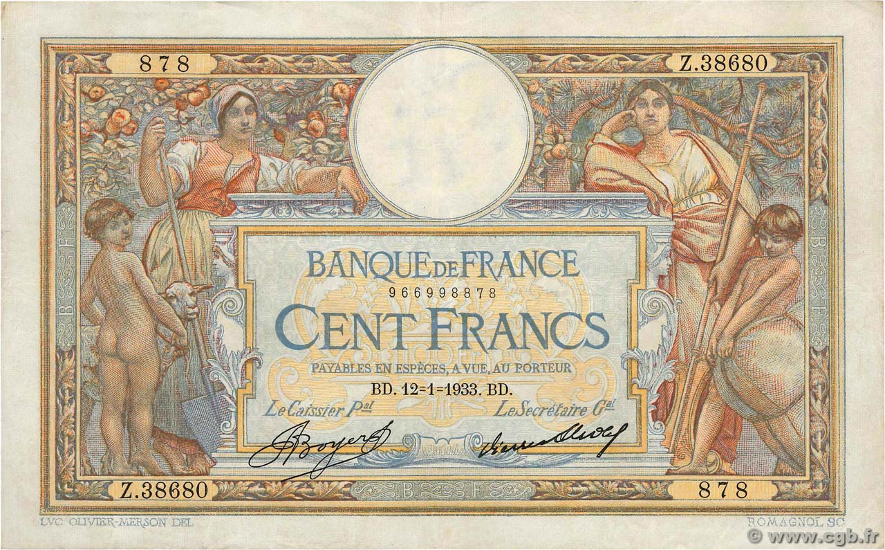 100 Francs LUC OLIVIER MERSON grands cartouches FRANCE  1933 F.24.12 F+