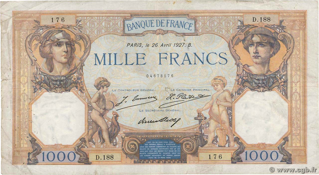 1000 Francs CÉRÈS ET MERCURE FRANCE  1927 F.37.01 B