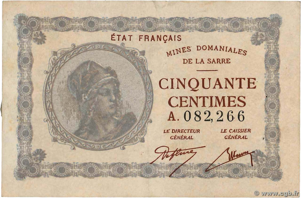 50 Centimes MINES DOMANIALES DE LA SARRE FRANCIA  1919 VF.50.01 BB