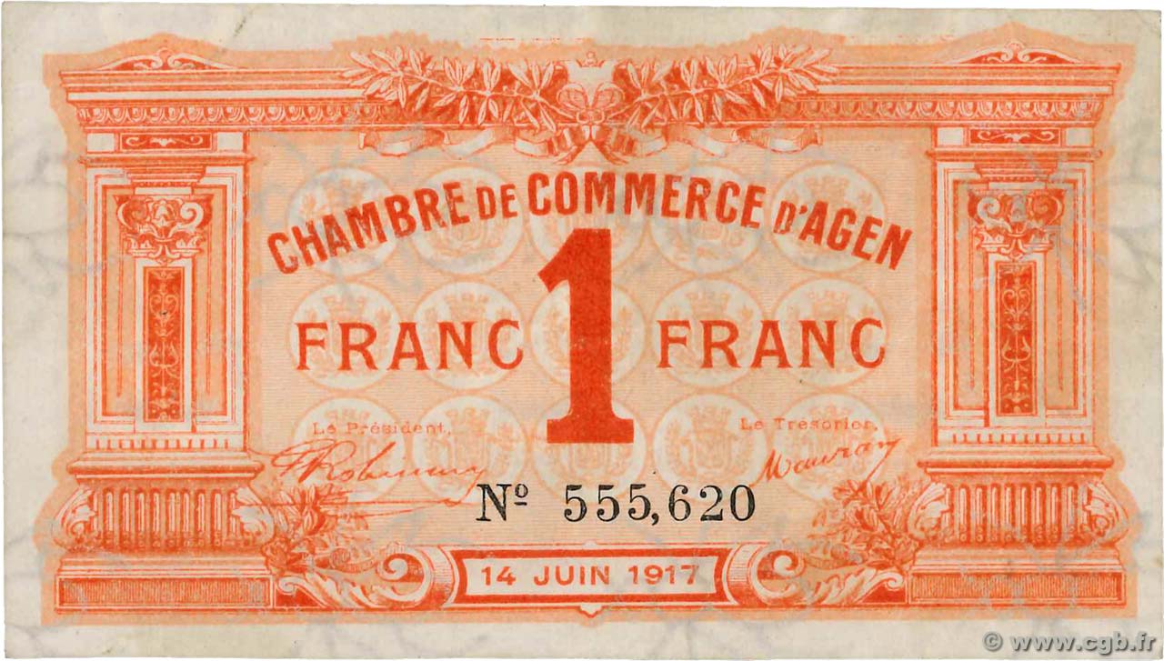 1 Franc FRANCE regionalism and miscellaneous Agen 1917 JP.002.14 VF