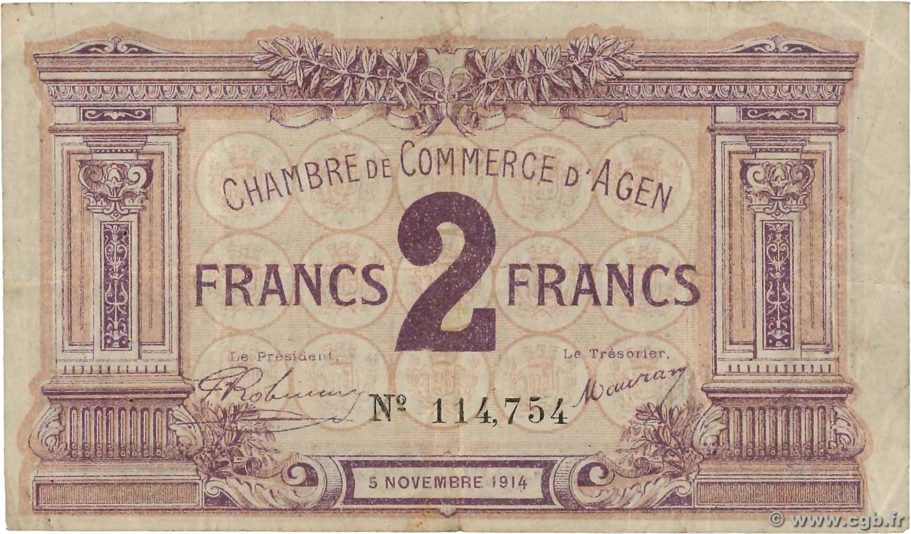 2 Francs FRANCE regionalism and miscellaneous Agen 1914 JP.002.05 F