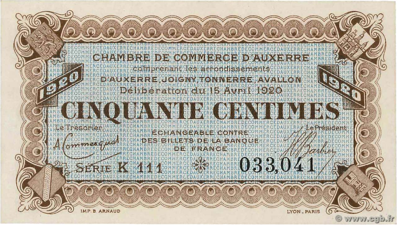 50 Centimes FRANCE régionalisme et divers Auxerre 1920 JP.017.24 pr.NEUF