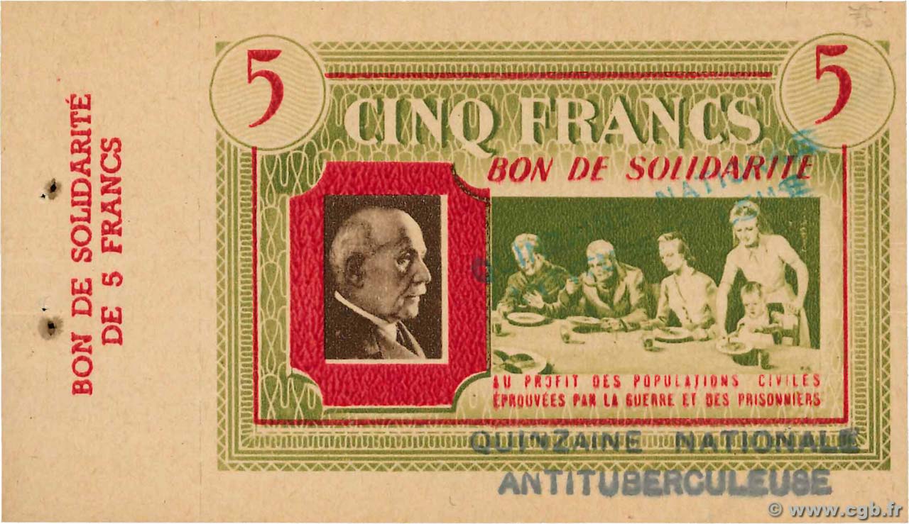 5 Francs BON DE SOLIDARITÉ FRANCE Regionalismus und verschiedenen  1941 KL.05A VZ+