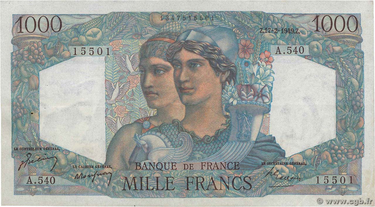 1000 Francs MINERVE ET HERCULE FRANKREICH  1949 F.41.25 fVZ