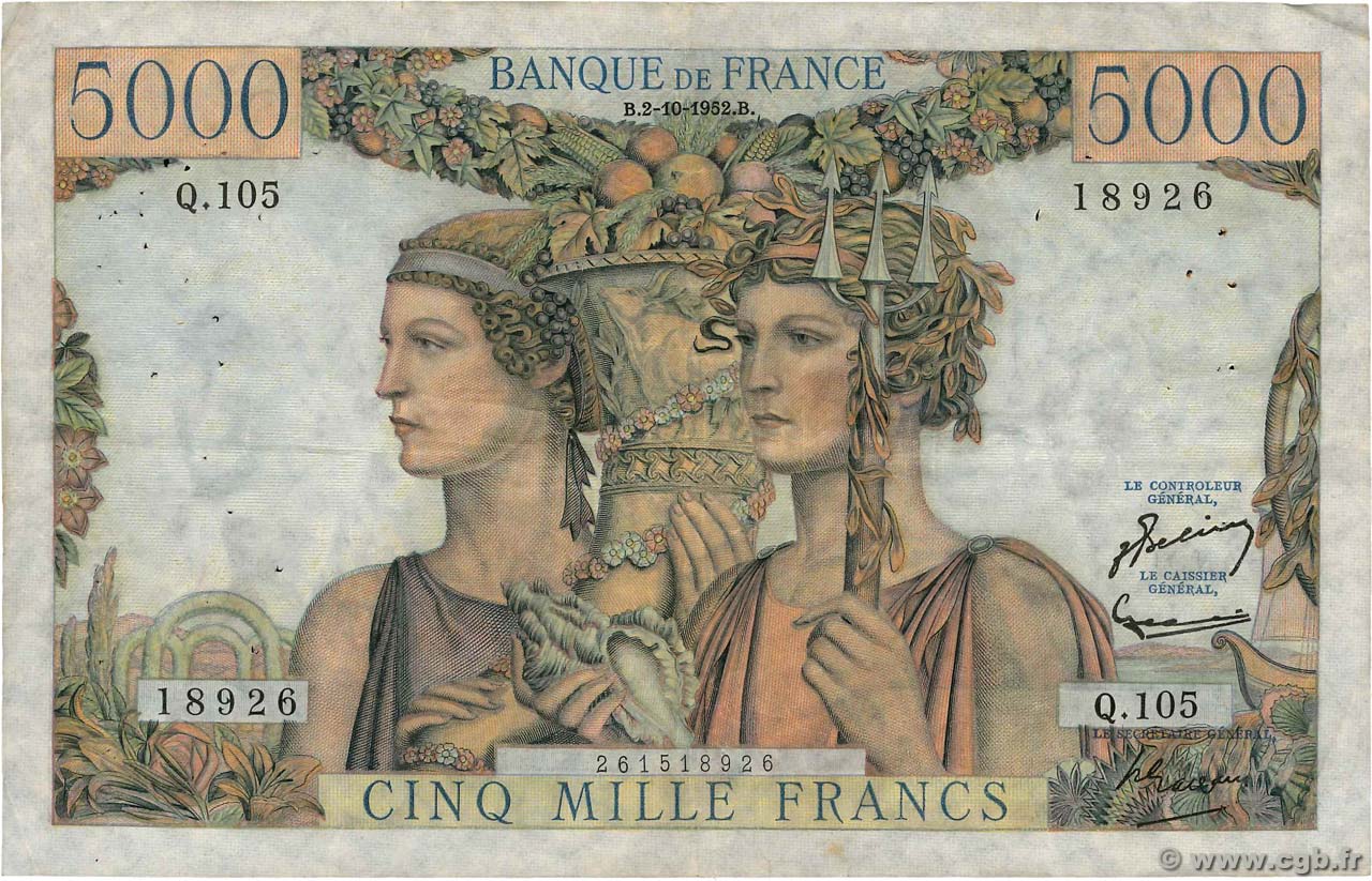 5000 Francs TERRE ET MER FRANCE  1952 F.48.07 F+