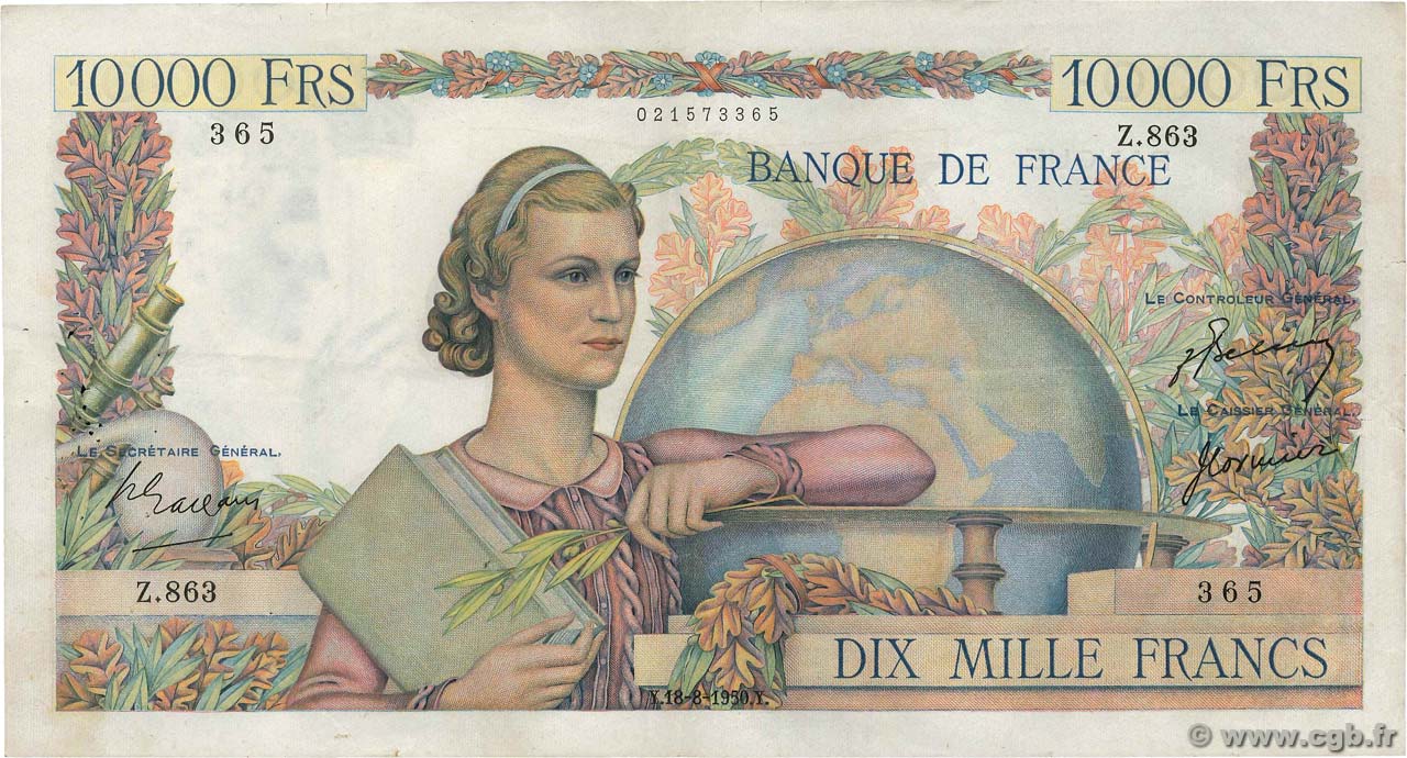 10000 Francs GÉNIE FRANÇAIS FRANKREICH  1950 F.50.36 fSS