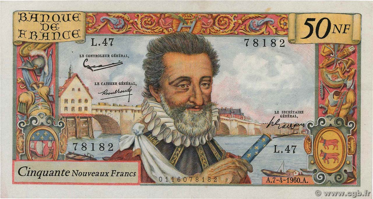 50 Nouveaux Francs HENRI IV FRANCE  1960 F.58.05 VF+