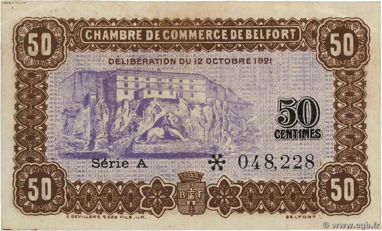 50 Centimes FRANCE regionalism and various Belfort 1921 JP.023.56 VF