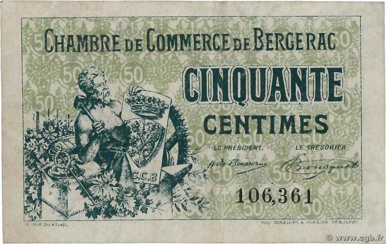 50 Centimes FRANCE Regionalismus und verschiedenen Bergerac 1921 JP.024.38 fSS