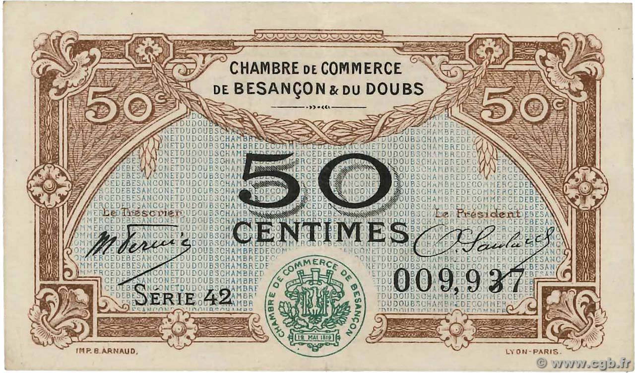 50 Centimes FRANCE Regionalismus und verschiedenen Besançon 1921 JP.025.22 SS
