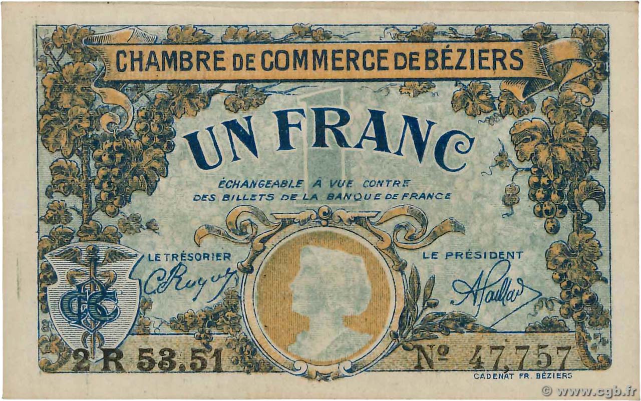 1 Franc FRANCE Regionalismus und verschiedenen Béziers 1922 JP.027.34 fVZ