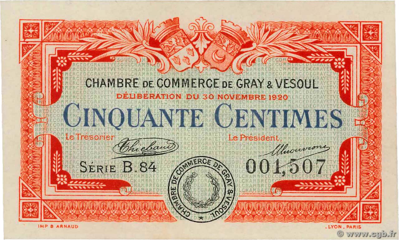 50 Centimes FRANCE regionalismo y varios Gray et Vesoul 1920 JP.062.15 SC+