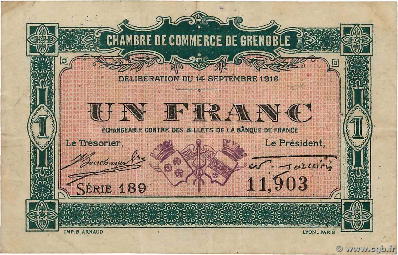 1 Franc FRANCE regionalism and various Grenoble 1916 JP.063.06 VF-