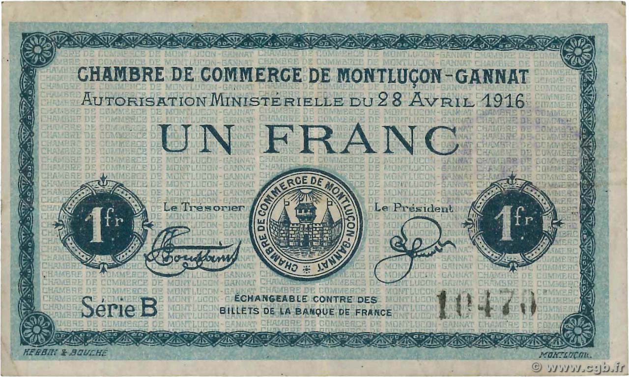 1 Franc FRANCE regionalism and various Montluçon, Gannat 1916 JP.084.23 F