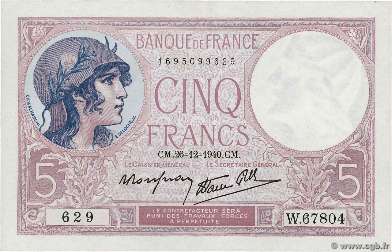 5 Francs FEMME CASQUÉE modifié FRANCE  1940 F.04.18 SPL