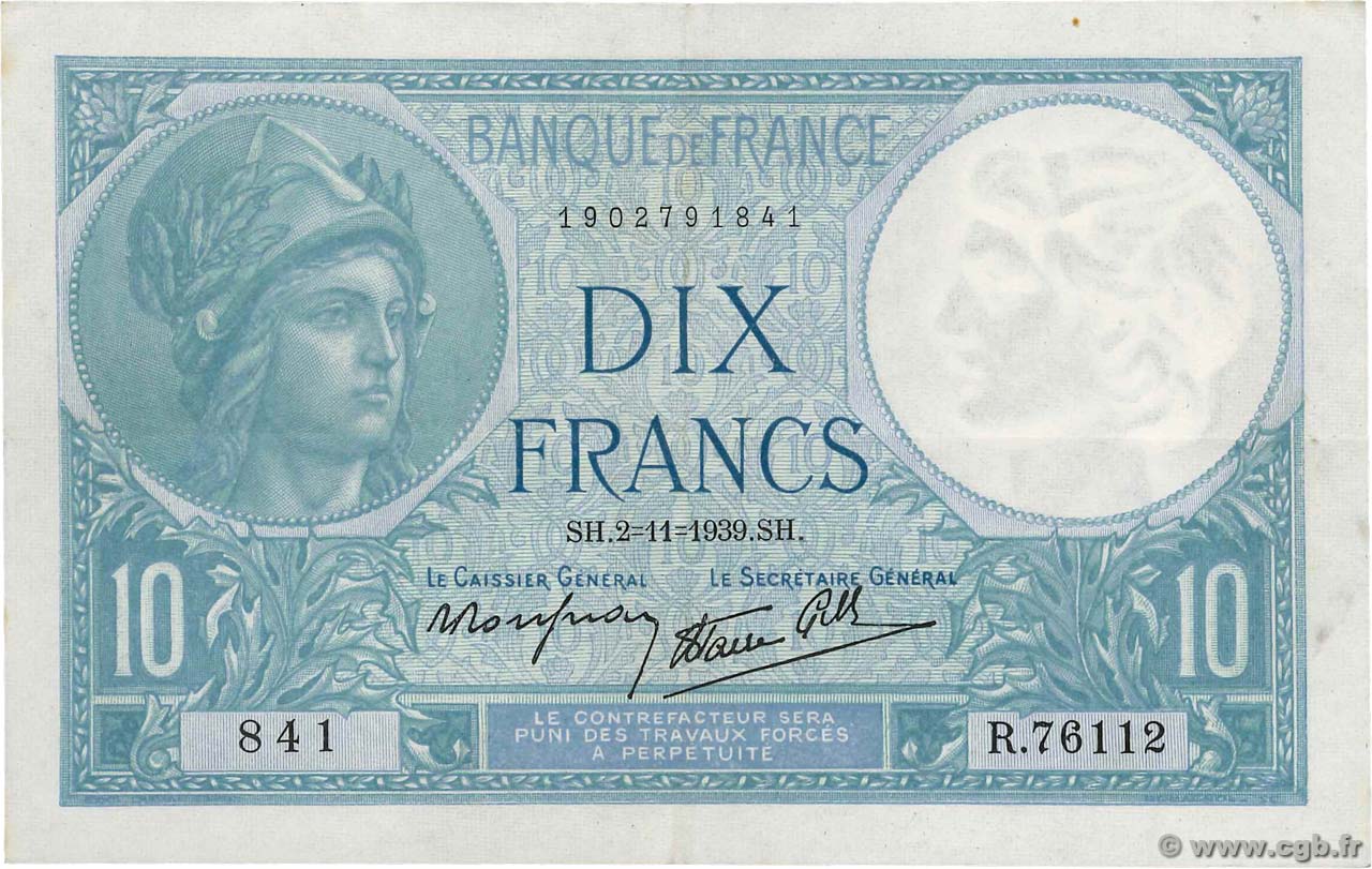10 Francs MINERVE modifié FRANCE  1939 F.07.14 VF