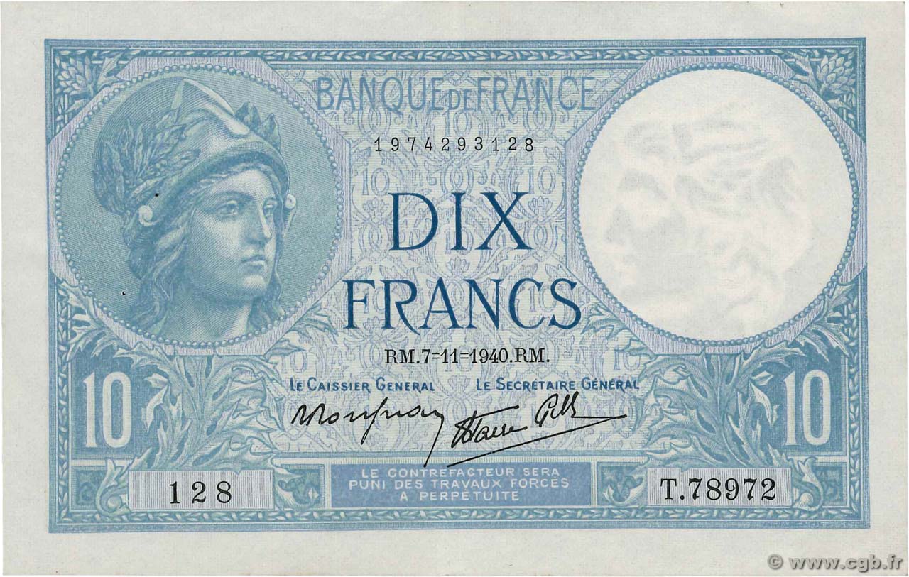 10 Francs MINERVE modifié FRANKREICH  1940 F.07.19 SS