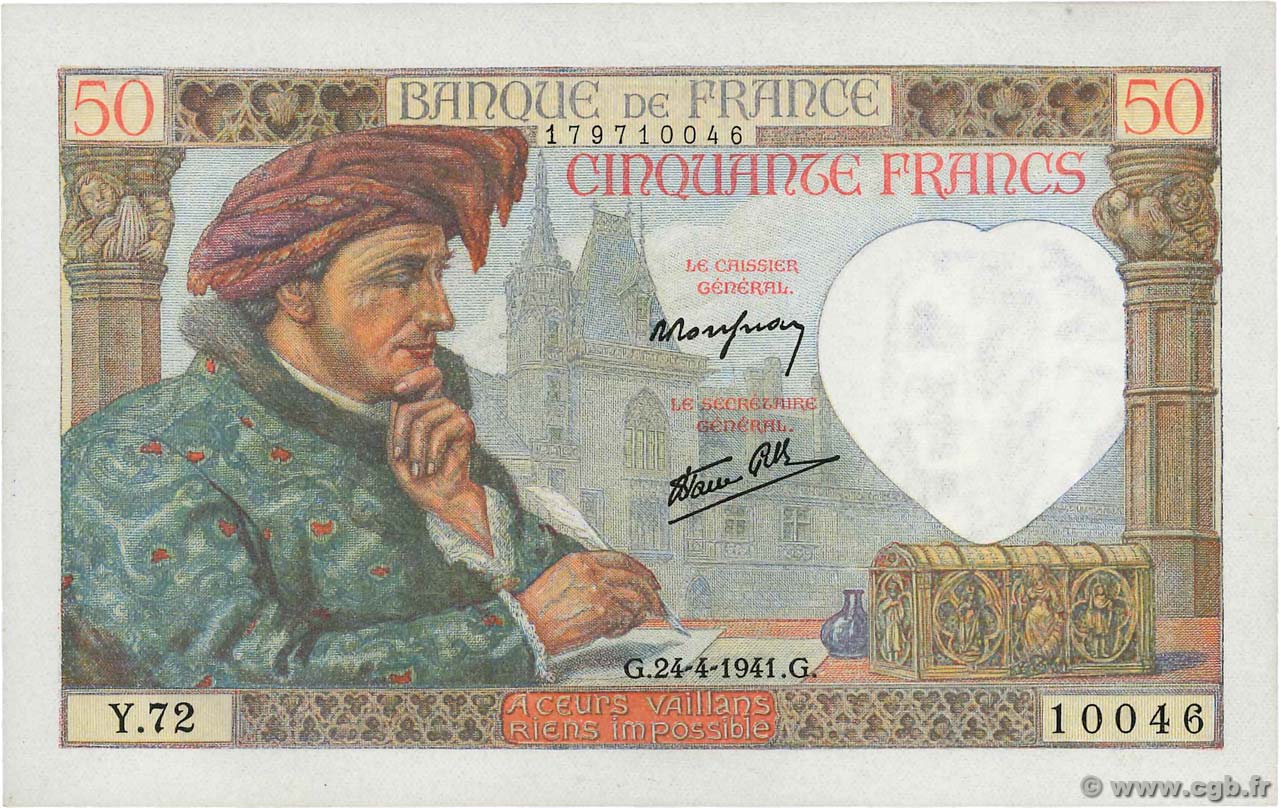 50 Francs JACQUES CŒUR FRANCE  1941 F.19.09 SUP
