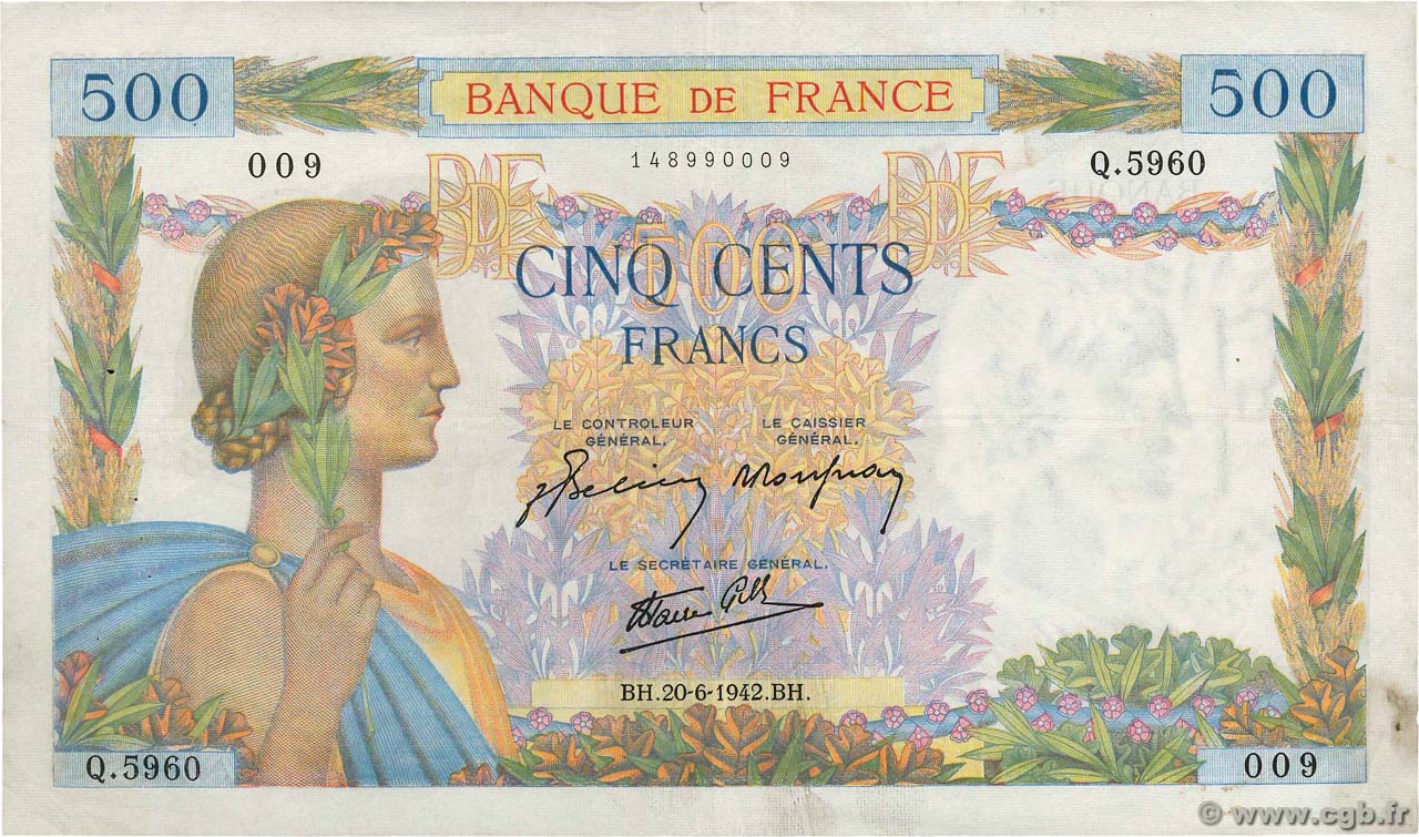 500 Francs LA PAIX FRANKREICH  1942 F.32.35 SS