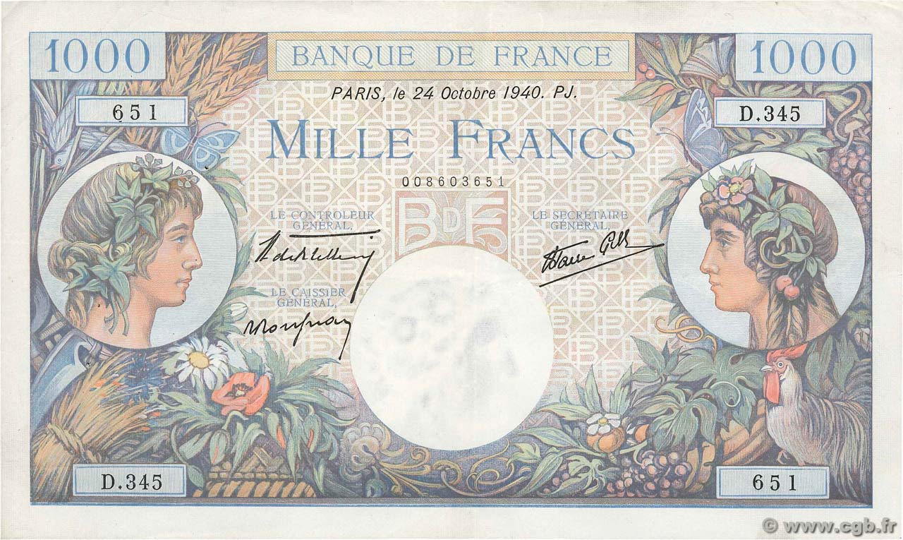 1000 Francs COMMERCE ET INDUSTRIE FRANCE  1940 F.39.01 TTB