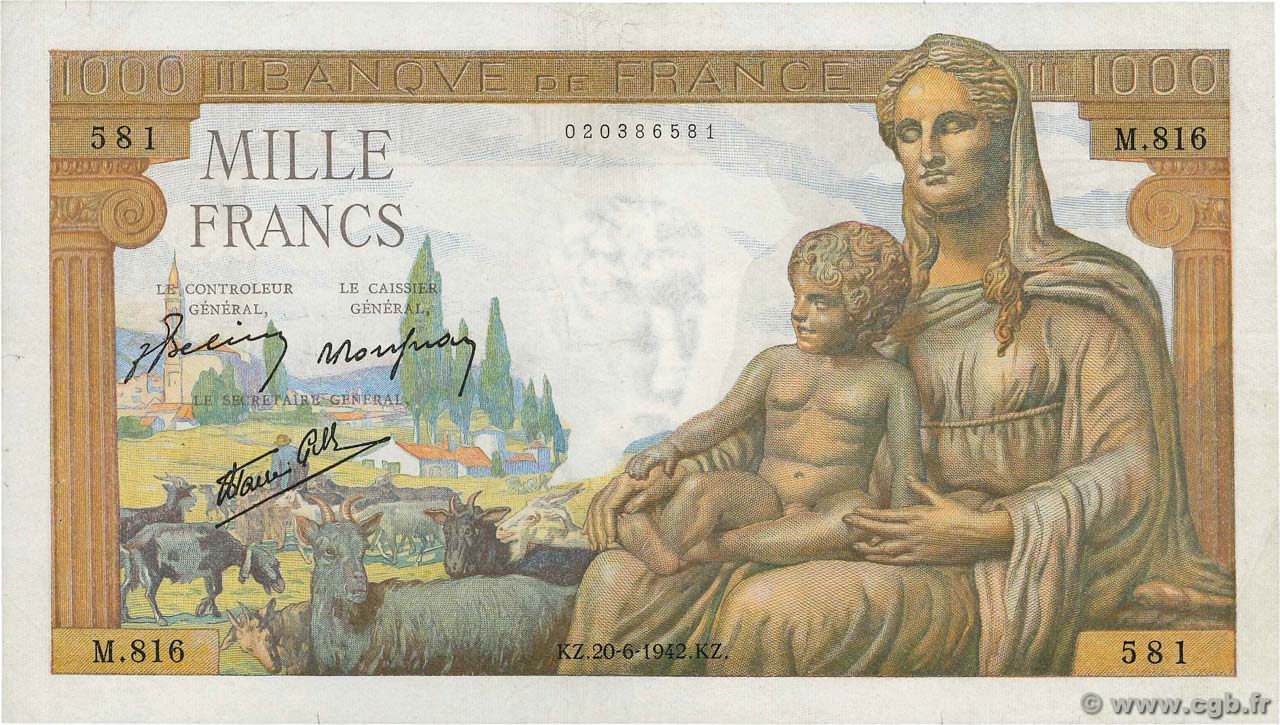 1000 Francs DÉESSE DÉMÉTER FRANCIA  1942 F.40.03 BB