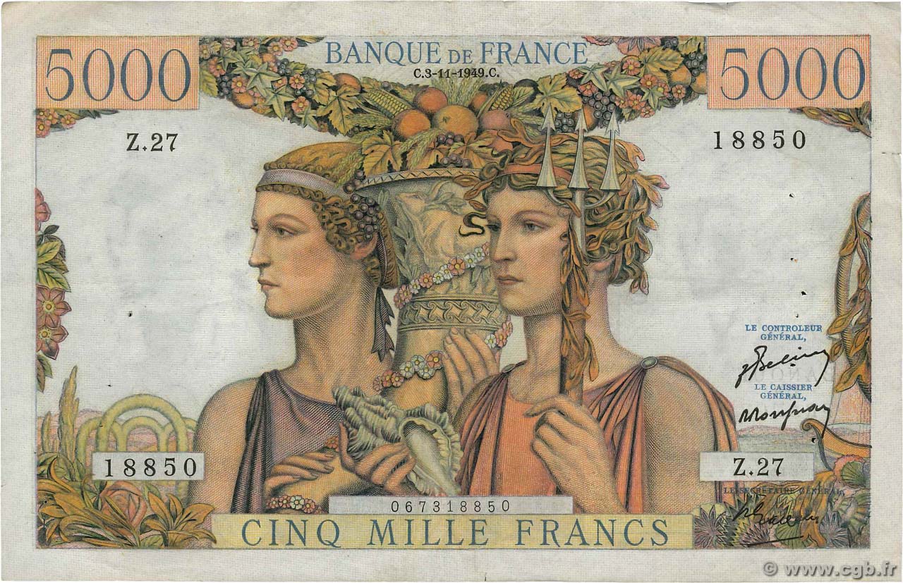 5000 Francs TERRE ET MER FRANCE  1949 F.48.02 F+