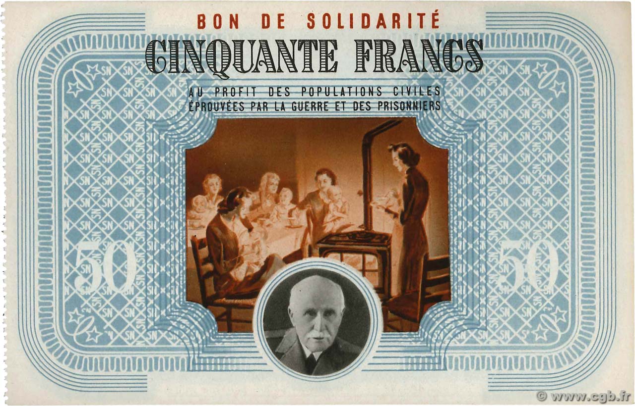 50 Francs BON DE SOLIDARITÉ FRANCE Regionalismus und verschiedenen  1941 KL.09A3 fST+