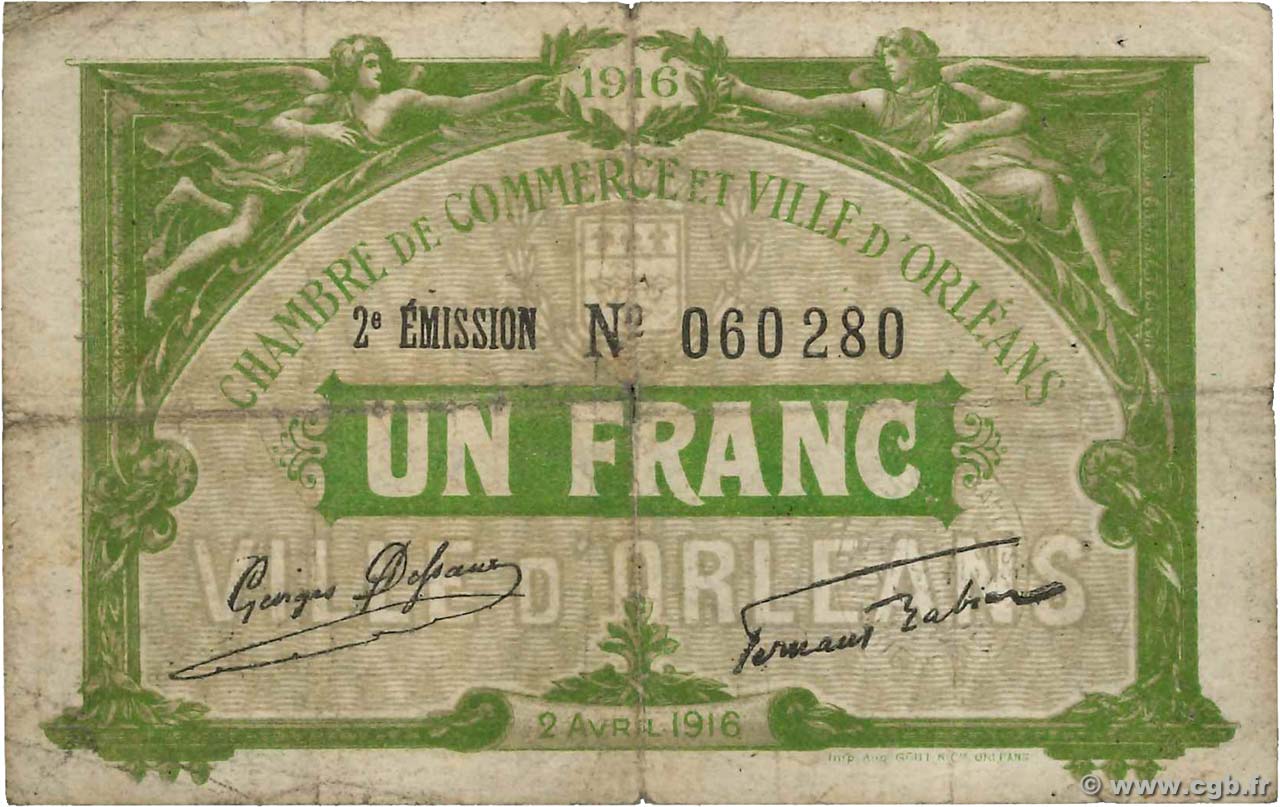 1 Franc FRANCE Regionalismus und verschiedenen Orléans 1916 JP.095.12 fS