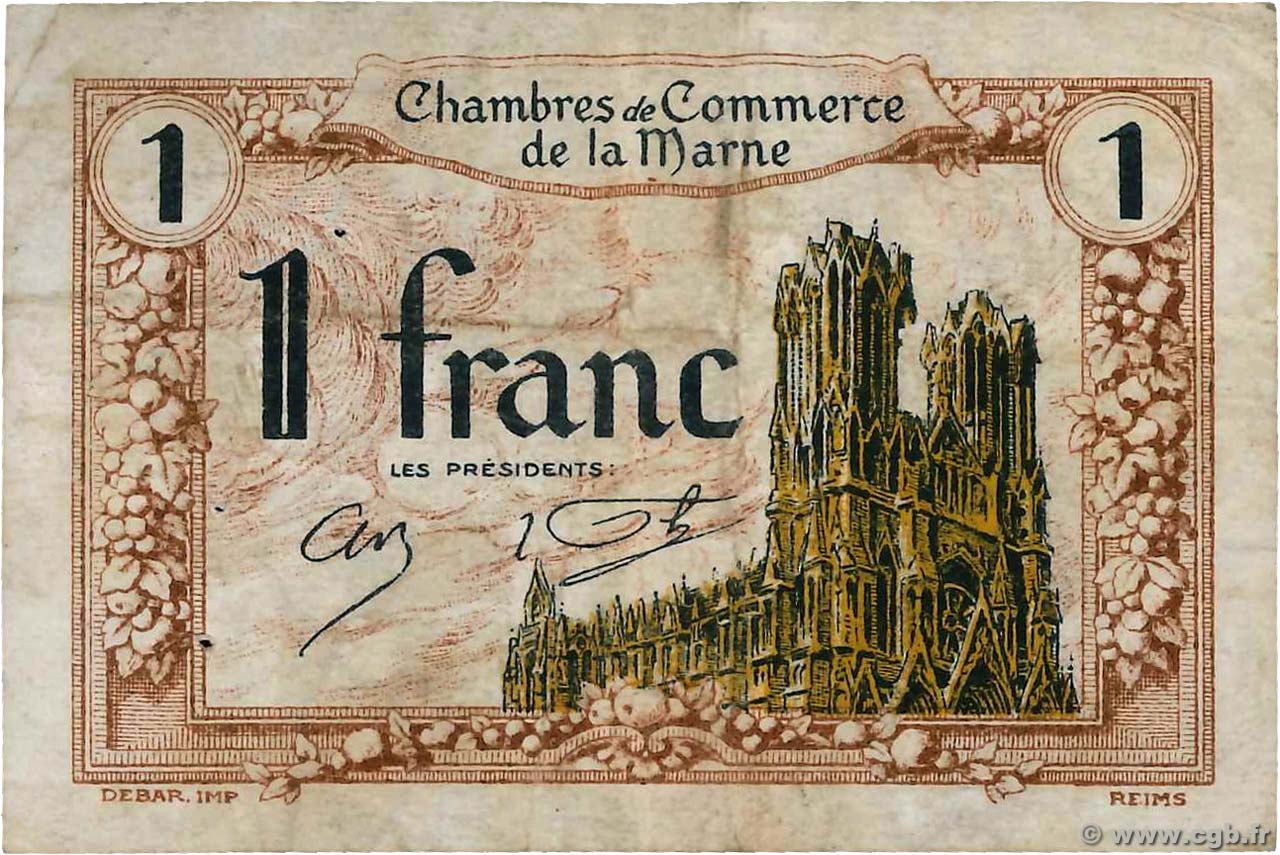 1 Franc FRANCE Regionalismus und verschiedenen Chalons, Reims, Épernay 1922 JP.043.02 fSS