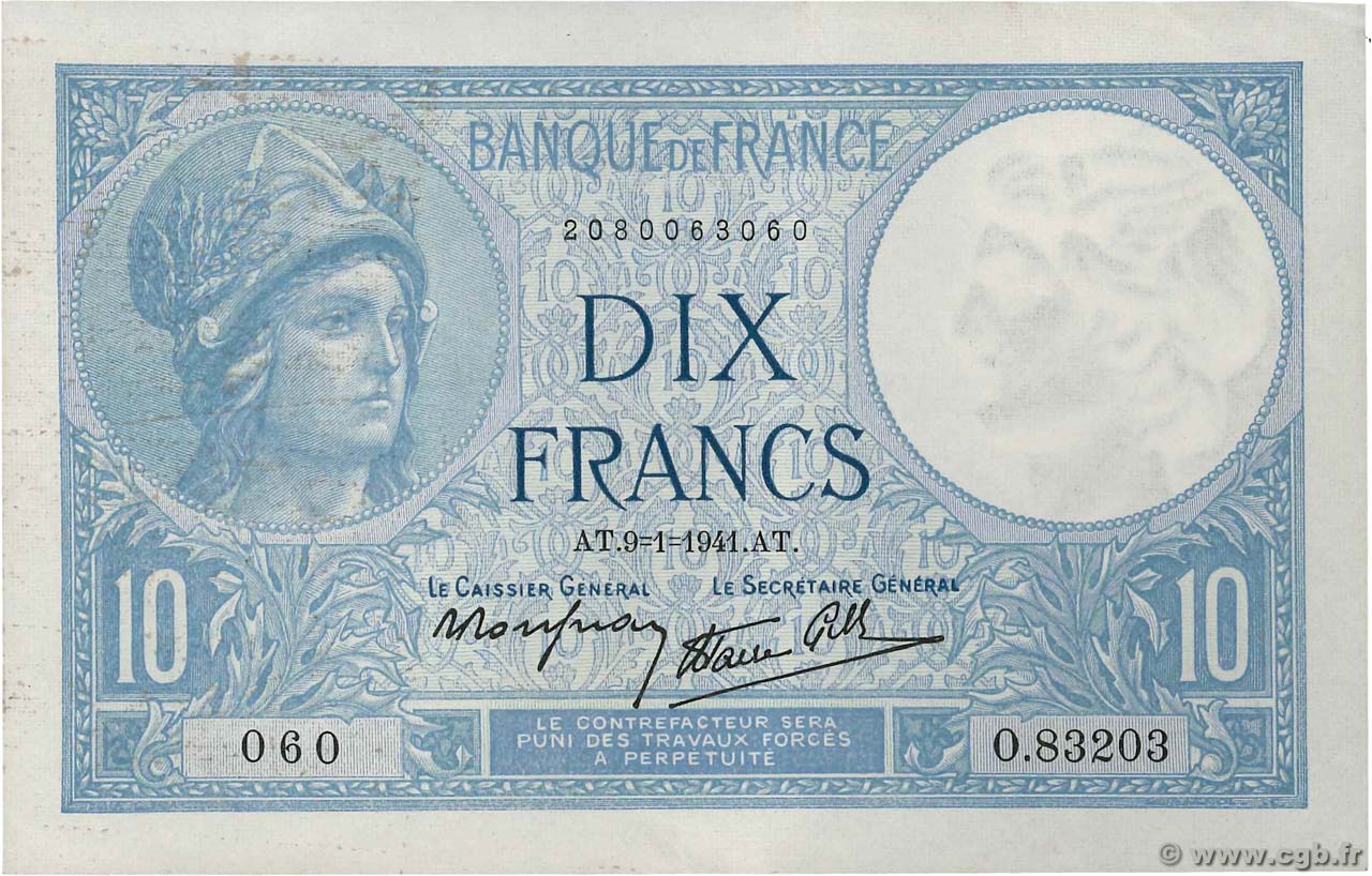 10 Francs MINERVE modifié FRANKREICH  1941 F.07.27 SS