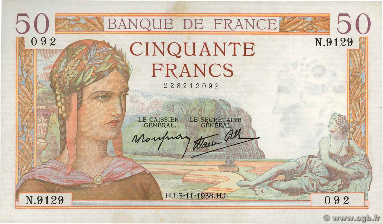 50 Francs CÉRÈS modifié FRANCE  1938 F.18.18 VF