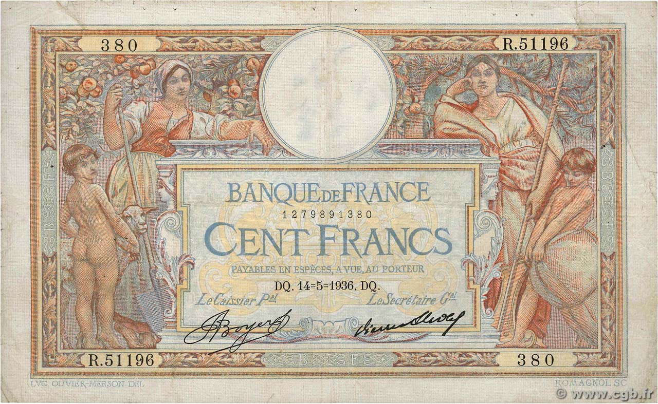 100 Francs LUC OLIVIER MERSON grands cartouches FRANKREICH  1936 F.24.15 S