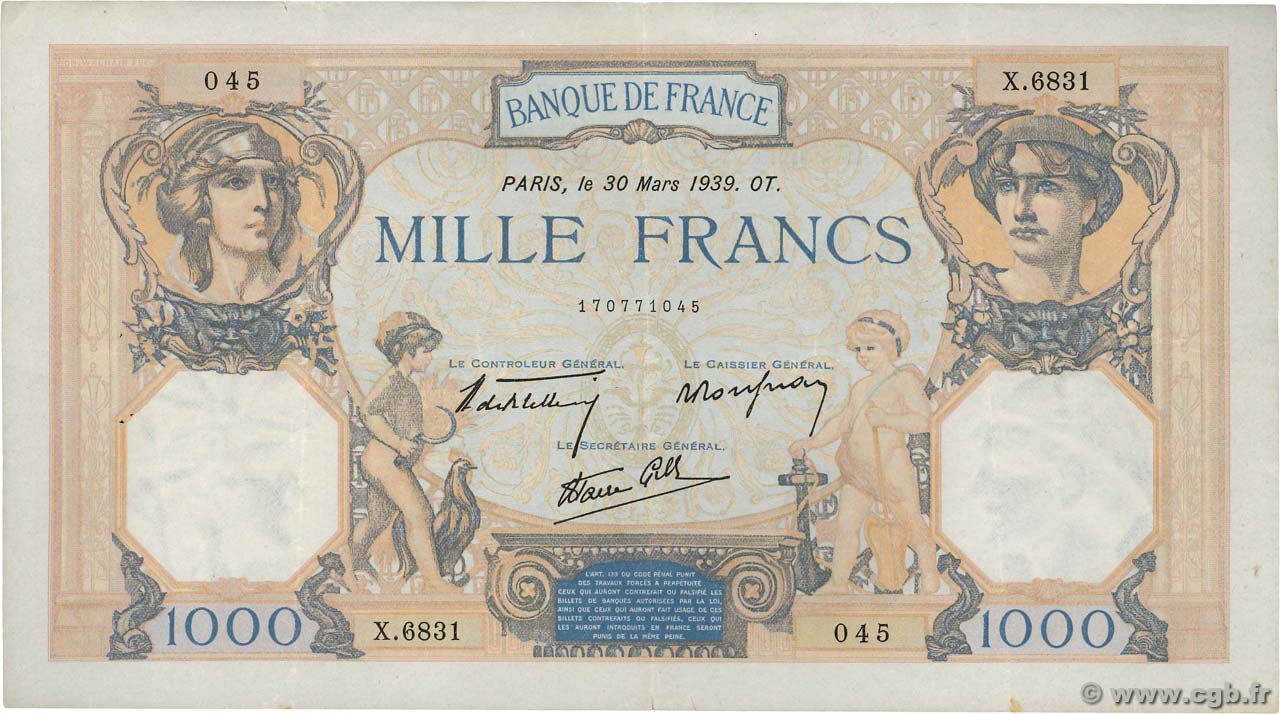 1000 Francs CÉRÈS ET MERCURE type modifié FRANCE  1939 F.38.35 VF