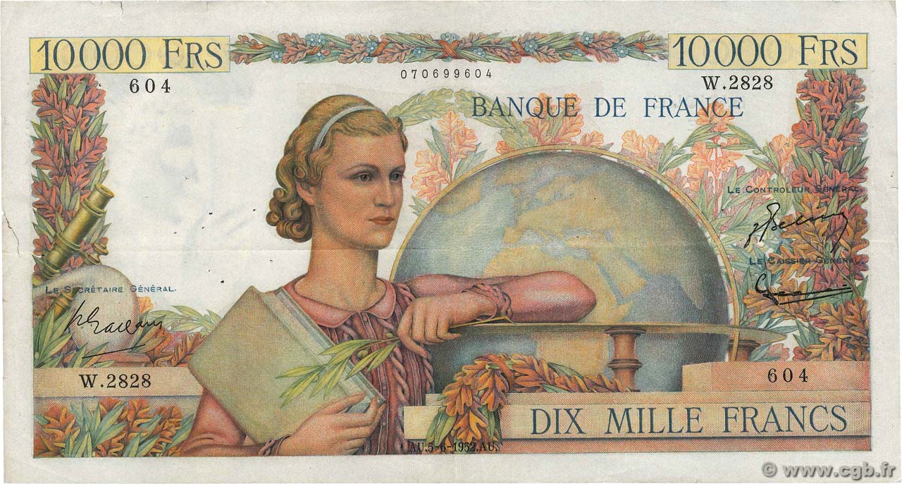 10000 Francs GÉNIE FRANÇAIS FRANCIA  1952 F.50.59 MB