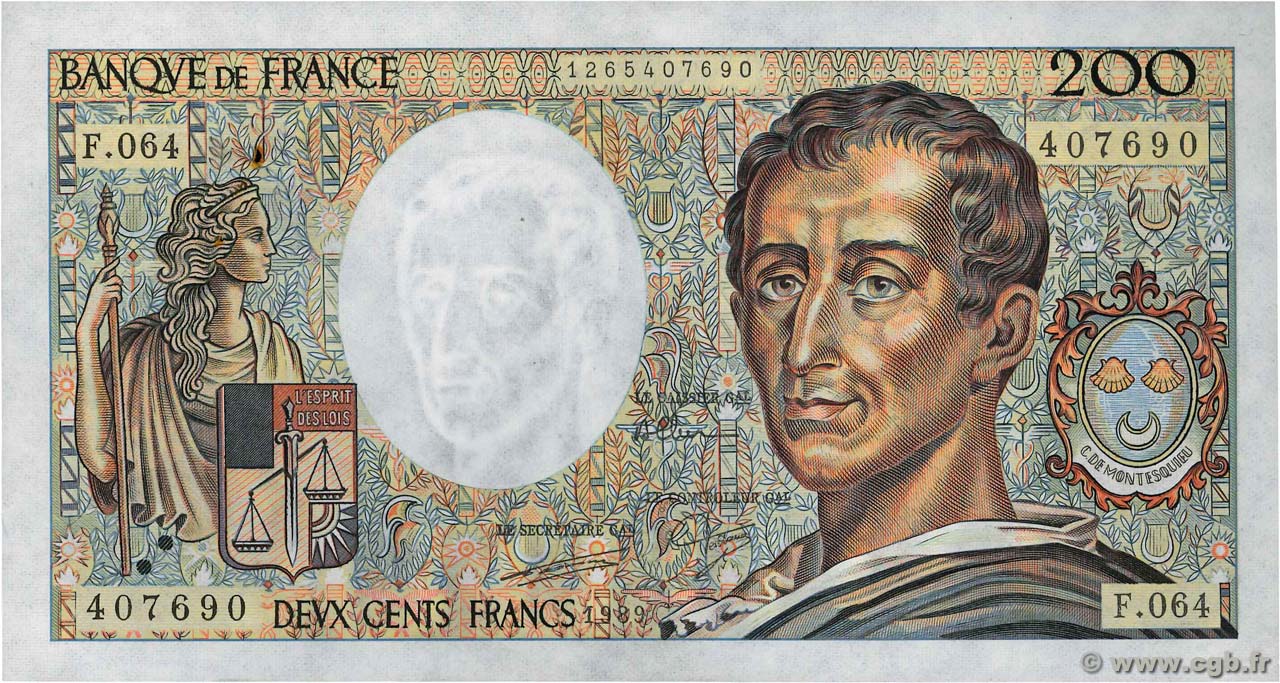 200 Francs MONTESQUIEU FRANCE  1989 F.70.09 XF+