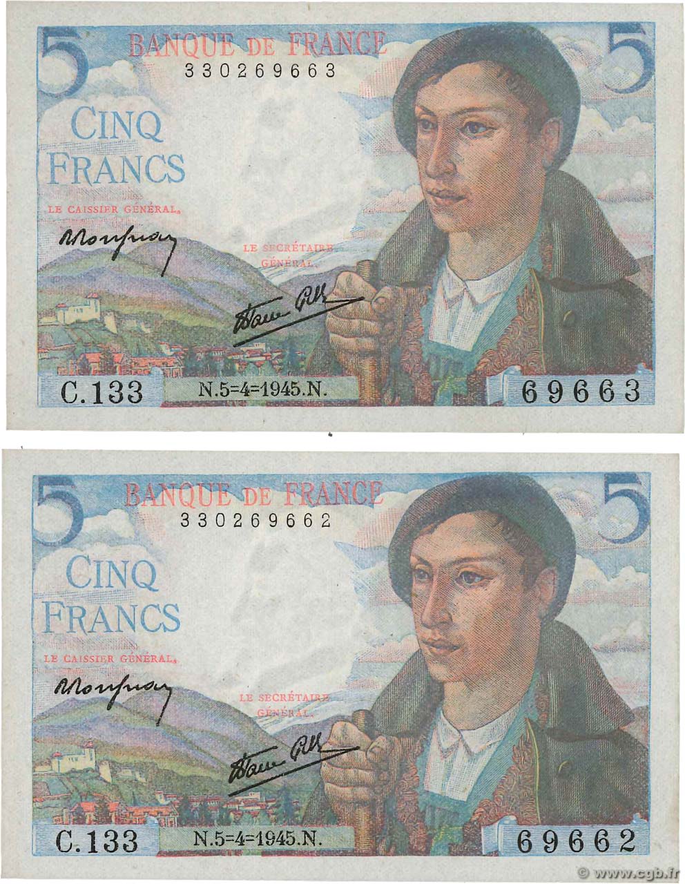 5 Francs BERGER Consécutifs FRANKREICH  1945 F.05.06 fST