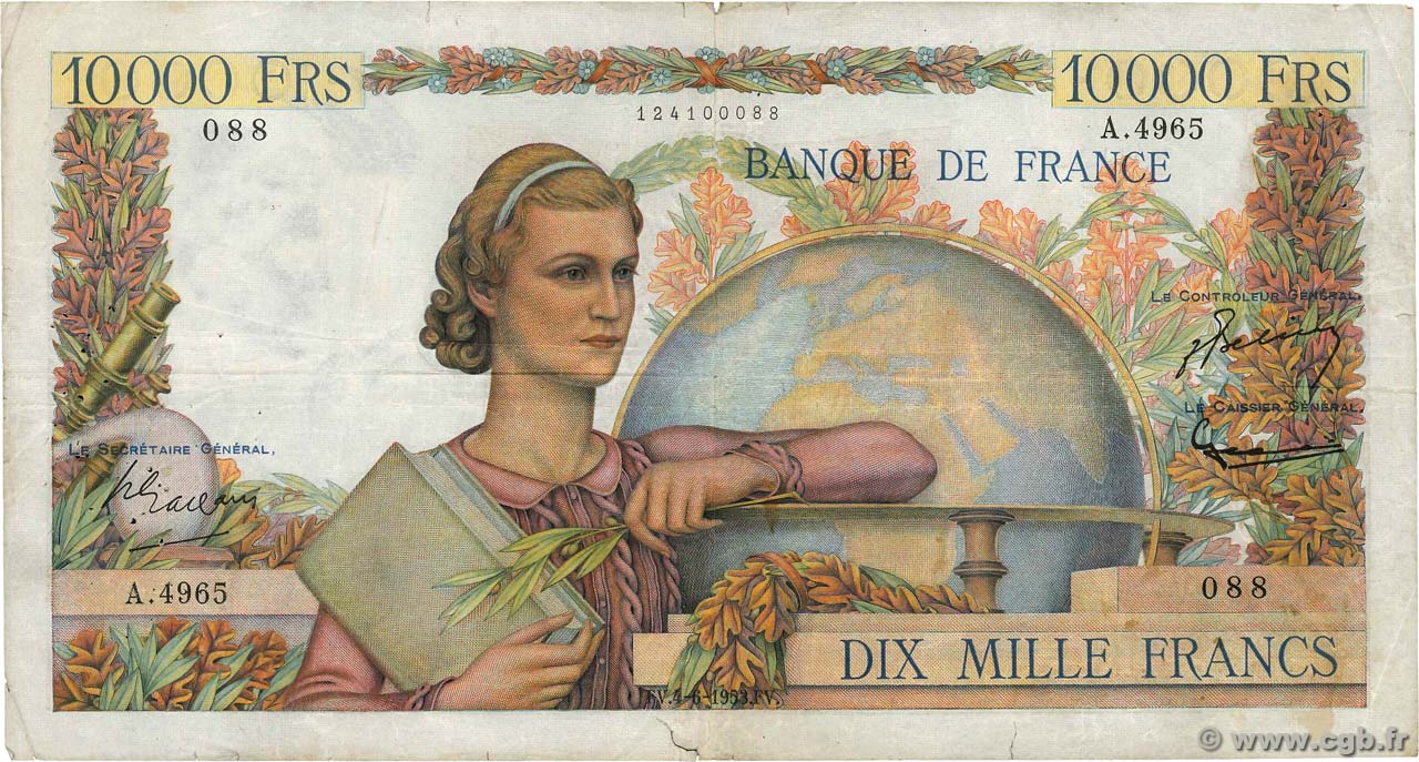10000 Francs GÉNIE FRANÇAIS FRANCE  1953 F.50.66 TB
