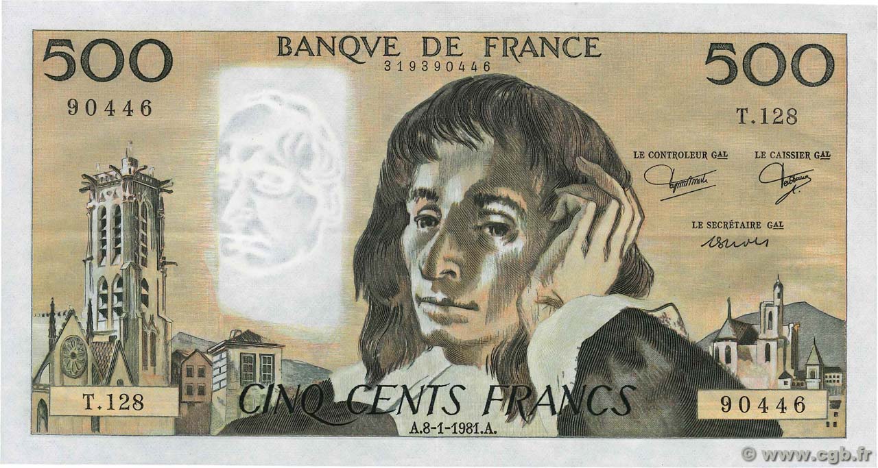 500 Francs PASCAL FRANKREICH  1980 F.71.22 VZ