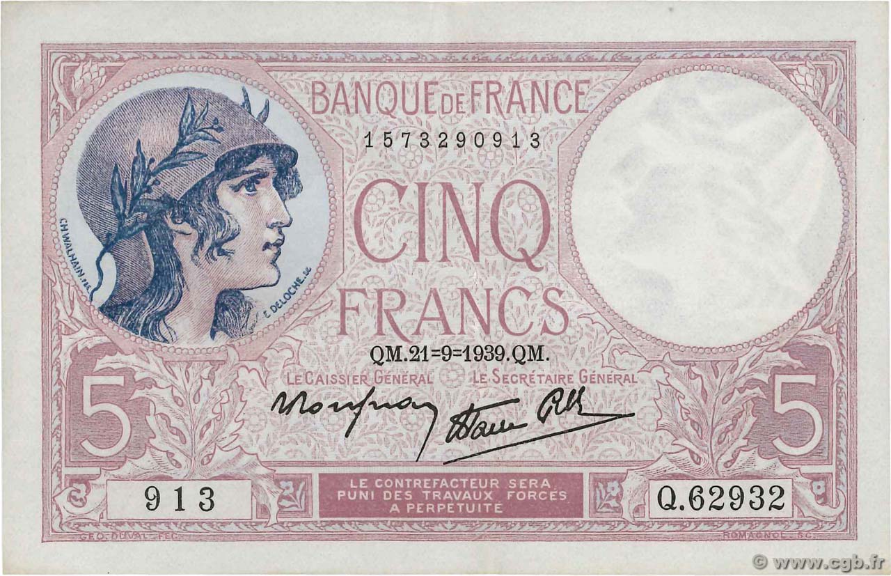 5 Francs FEMME CASQUÉE modifié FRANCE  1939 F.04.09 SUP