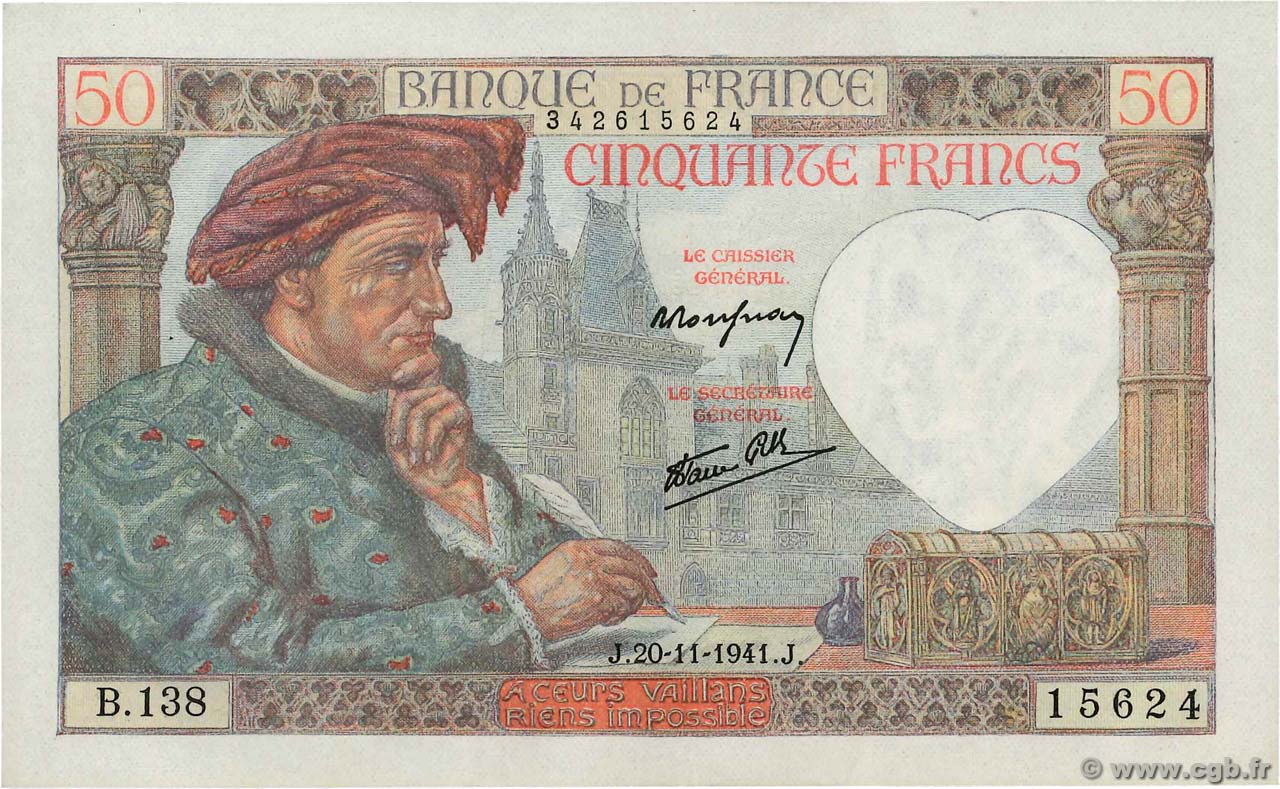 50 Francs JACQUES CŒUR FRANCIA  1941 F.19.16 EBC+