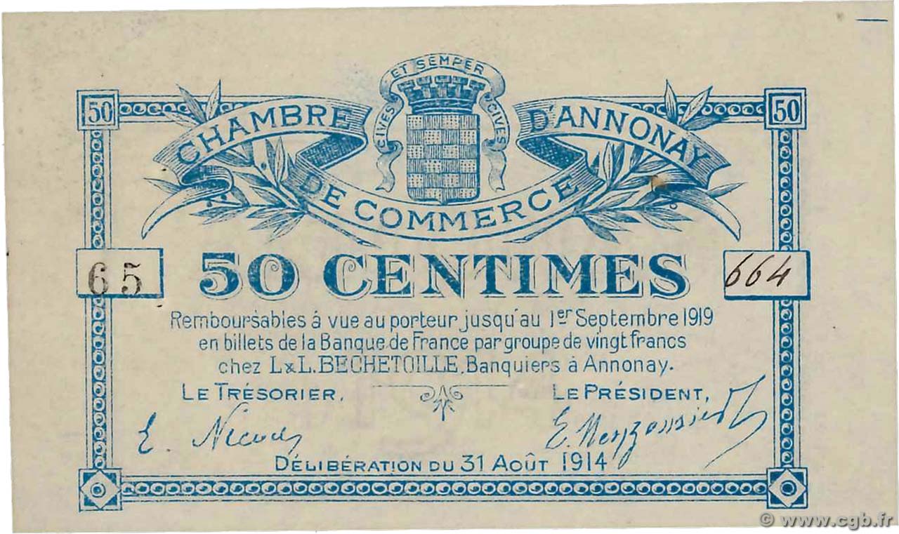 50 Centimes FRANCE Regionalismus und verschiedenen Annonay 1914 JP.011.07 fST