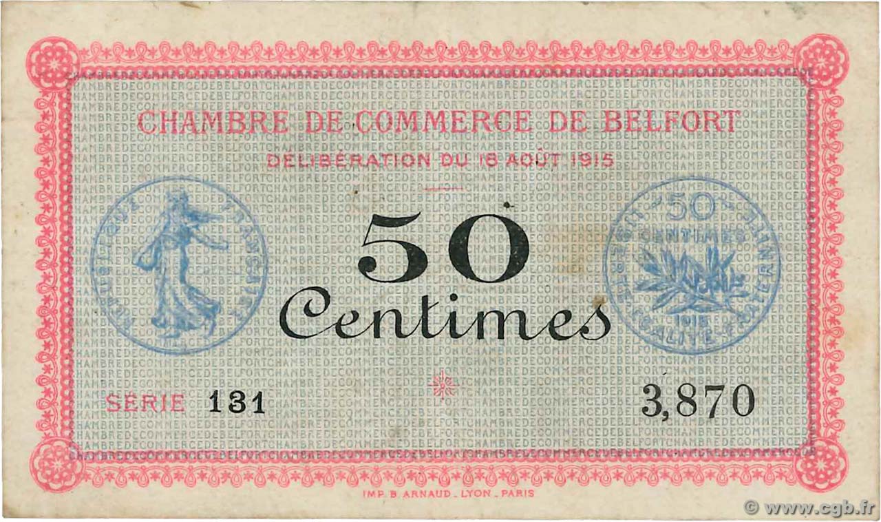 50 Centimes FRANCE regionalism and various Belfort 1915 JP.023.01 VF