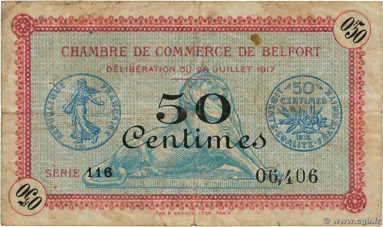 50 Centimes FRANCE regionalismo y varios Belfort 1917 JP.023.26 BC