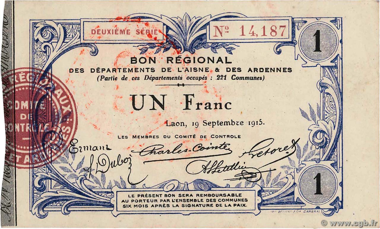 1 Franc FRANCE Regionalismus und verschiedenen Laon 1915 JP.02-1302 VZ